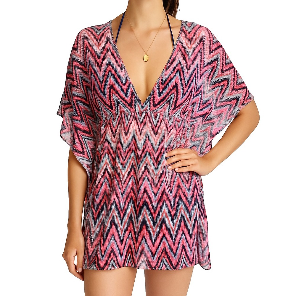Miken Swim Womens S Pink Chevron Sheer Cover Up Dress Beach Pool Tunic
